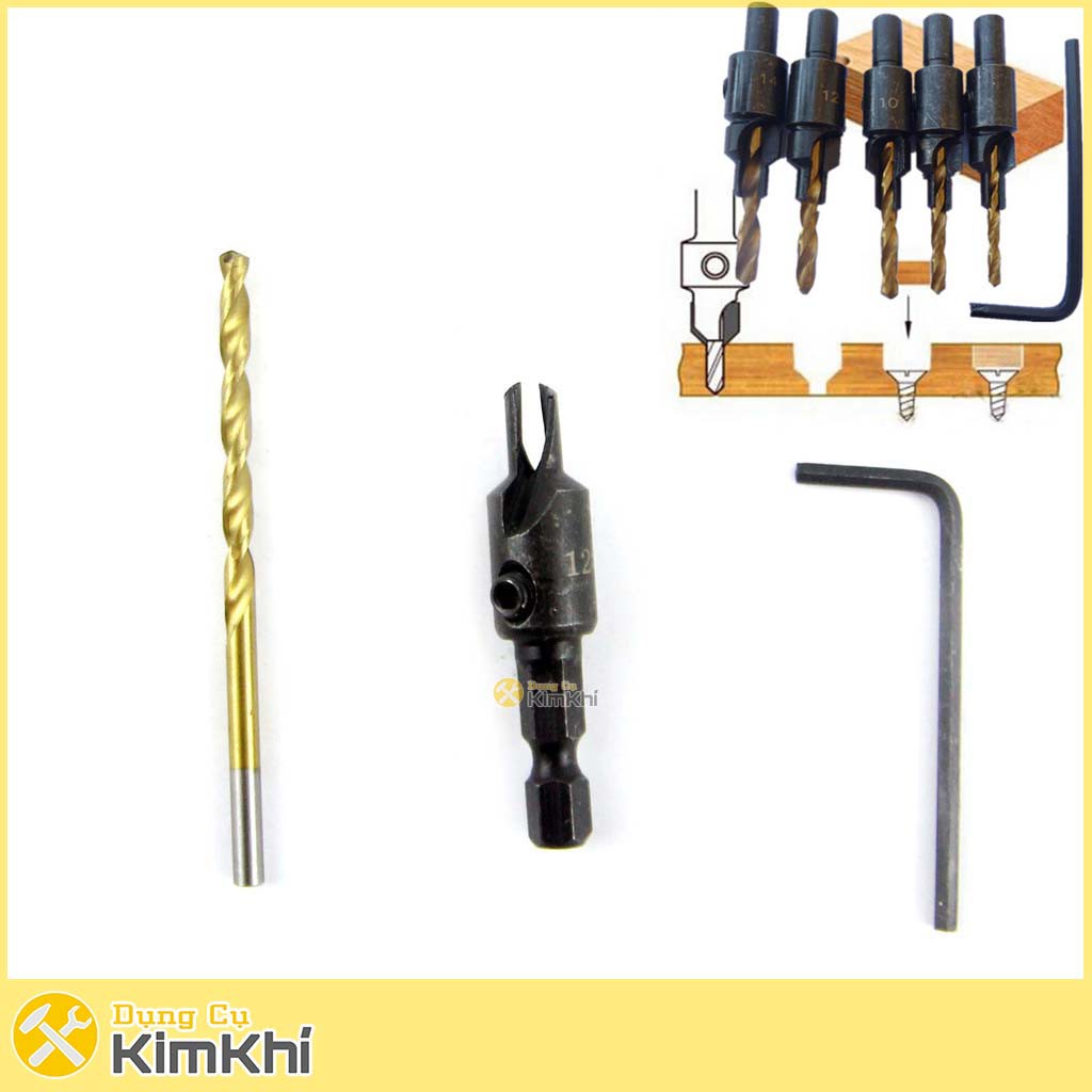 Bộ 5 mũi khoan 2 tầng chỉnh cữ bắt âm mũ vít 2-3.55mm khoan gỗ nhôm đuôi chuôi lục giác