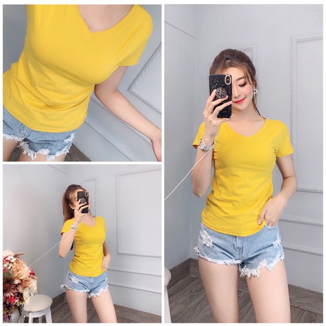 Áo trơn cổ tim thun thái form ôm siêu đẹp chụp thật | BigBuy360 - bigbuy360.vn