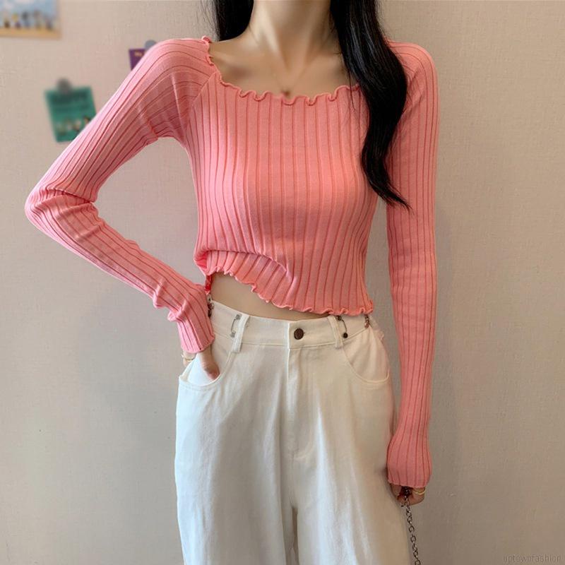 Áo dệt kim tay dài màu trơn dáng ôm thời trang mùa thu phong cách Hàn Quốc cho nữ