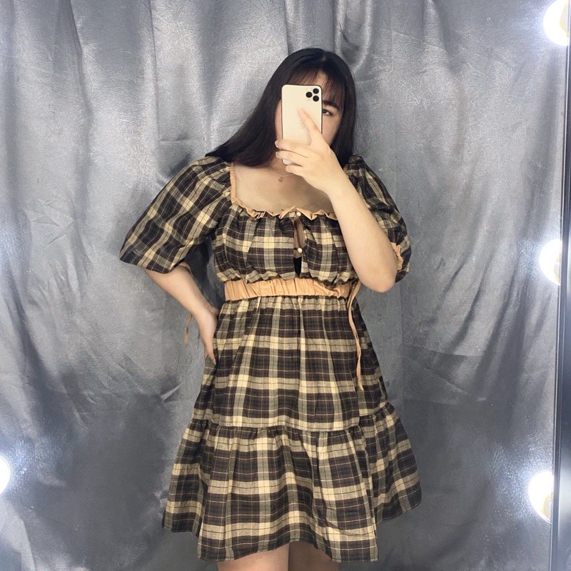 BIGSIZETIX Đầm caro tay bí siêu xinh 50-90kg hình mẫu thật 100%