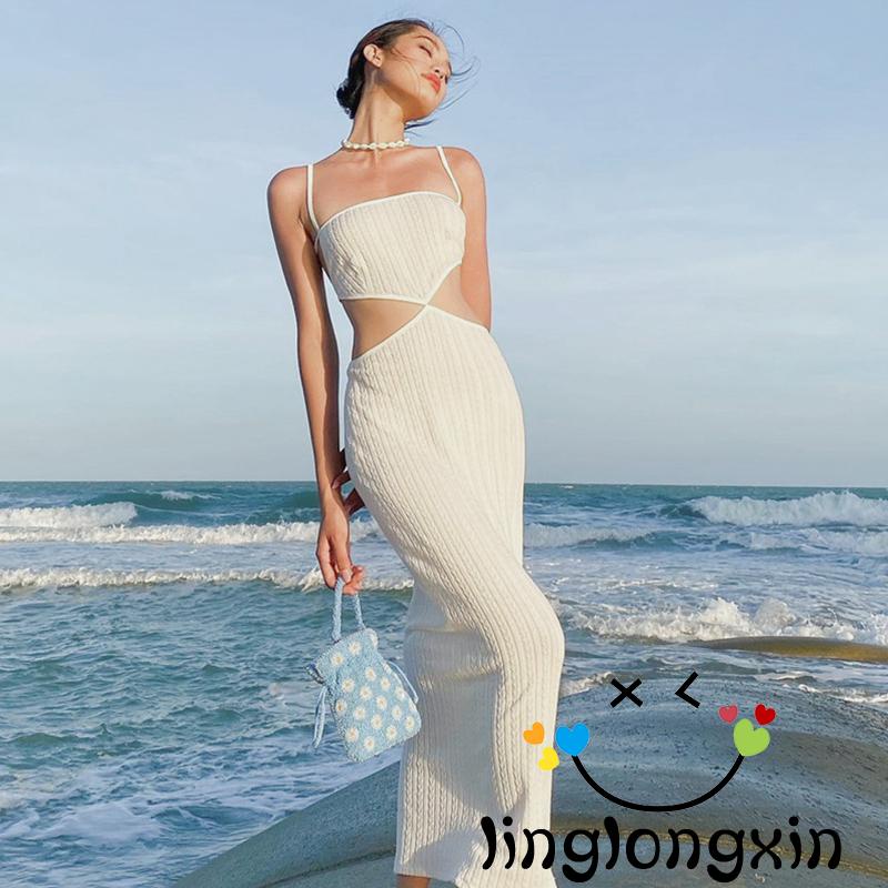 Đầm Hai Dây Dáng Dài Ôm Sát Màu Trơn Lưng Cao 2 Dây Thời Trang Cho Nữ