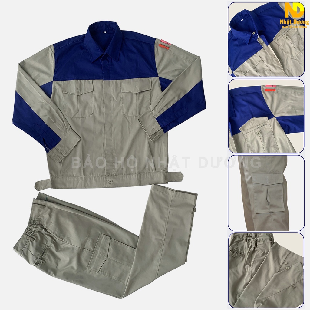 Quần áo bảo hộ lao động nam kaki dài tay màu ghi TB14, Đồ bảo hộ lao động Nhật Dương quần túi hộp mềm mịn