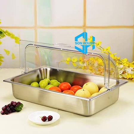 Khay inox hình chữ nhật đựng rau củ, hải sản tươi sống, đồ ăn nấu chín có nắp đậy kín trong suốt cho nhà hàng siêu thị