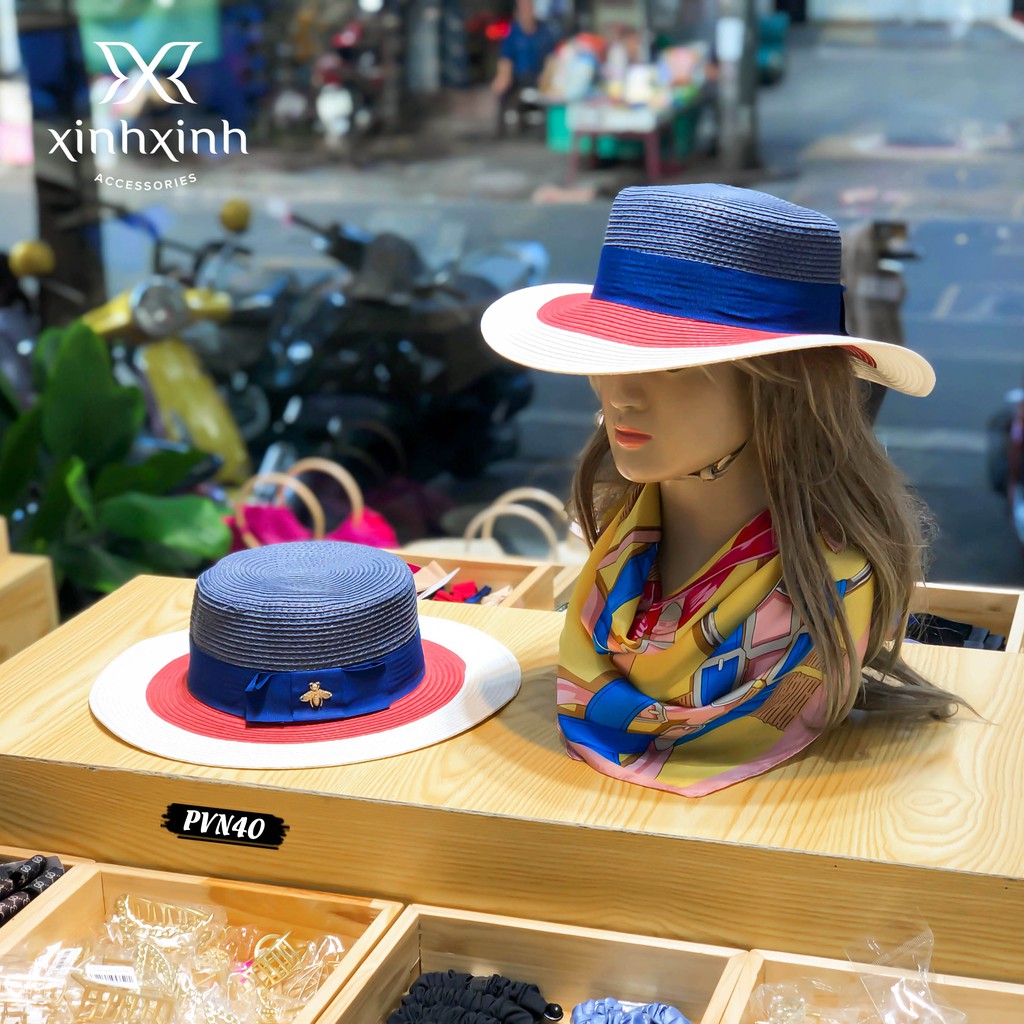 Mũ cói vành rộng ba màu thời trang