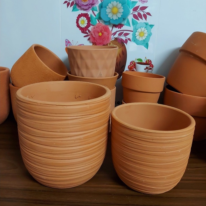 Chậu trồng cây, Chậu đất nung sọc sóng bất định Bông Garden trồng cây cảnh để bàn kt miệng 15,17cm cao 13,16cm
