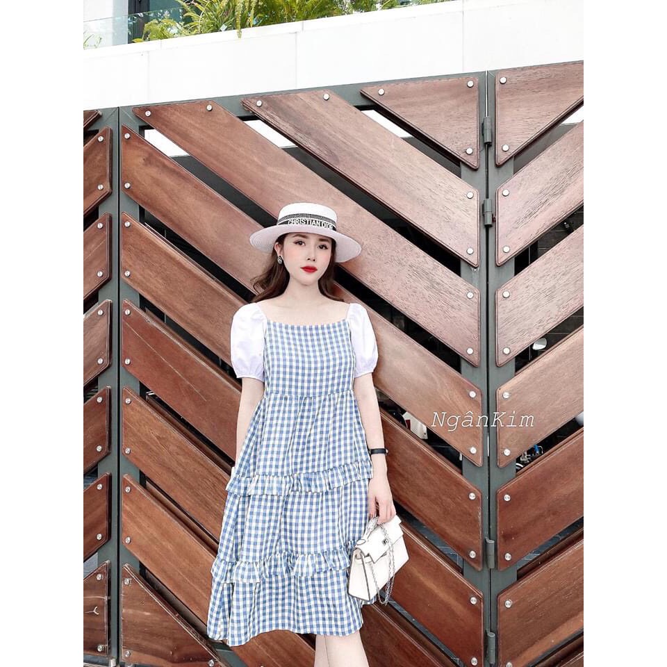 Đầm caro kate por phối tay voan nữ tính TTSA0465