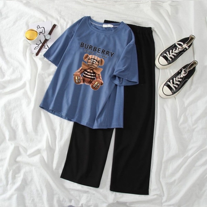 Set bộ quần xuông trơn mix phông tay lỡ unisex dáng rộng- Gấu teddy