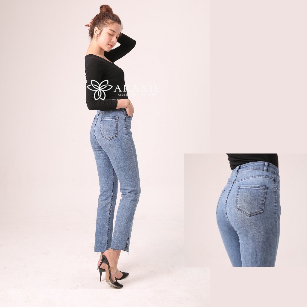 Quần bò nữ ống đứng Araxie quần jeans ống đứng nữ màu xanh xẻ gấu co giãn 4 chiều JAOD05