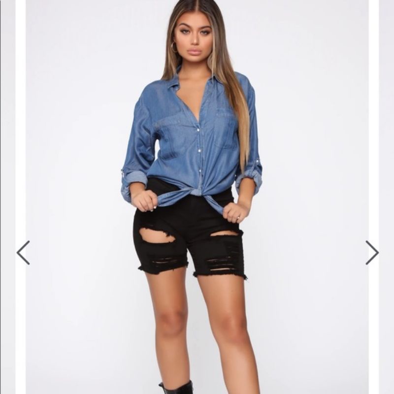 Áo sơ mi denim VNXK jeans blouse tie front áo bò jean giấy tay dài cột nơ trước xuất khẩu dư xịn