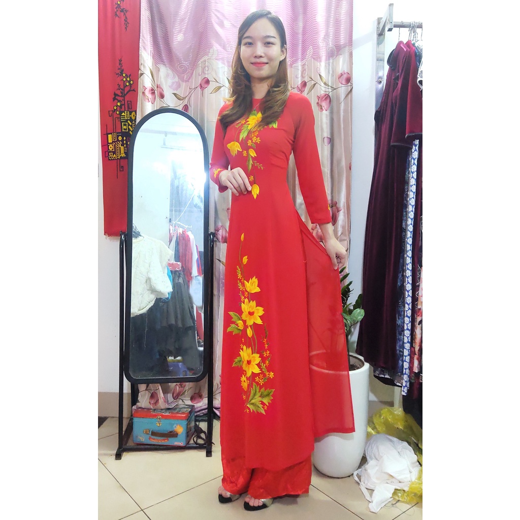 ÁO DÀI CHIFFON THÊU HOA CÁCH ĐIỆU, ÁO DÀI TRUYỀN THỐNG ĐỎ AD2TCFĐ1