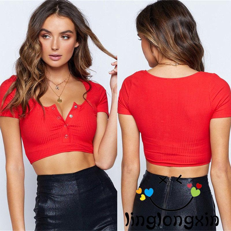 Áo Croptop Tay Ngắn Thiết Kế Cổ Chữ V Nữ Tính