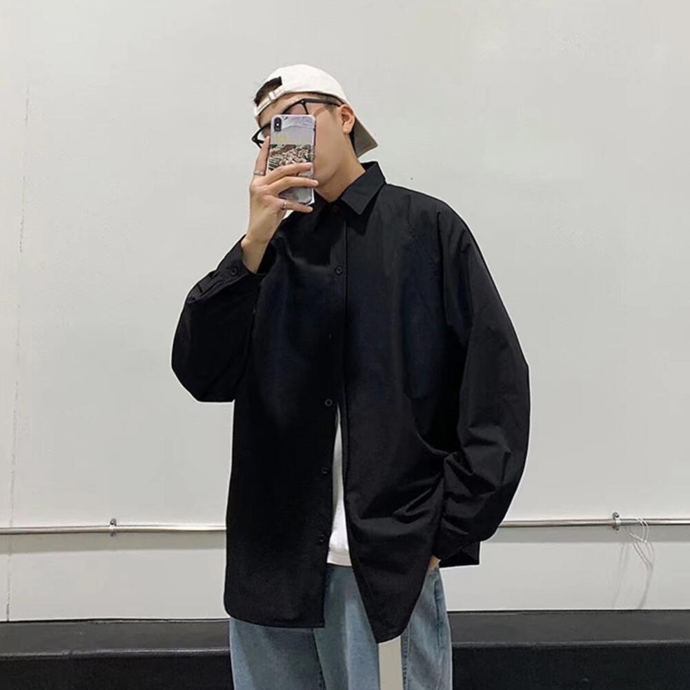 Áo Sơ Mi Trơn Tay Dài Dáng Rộng Thoáng Khí Phong Cách Hip Hop Đường Phố Hàn Quốc Cho Nam