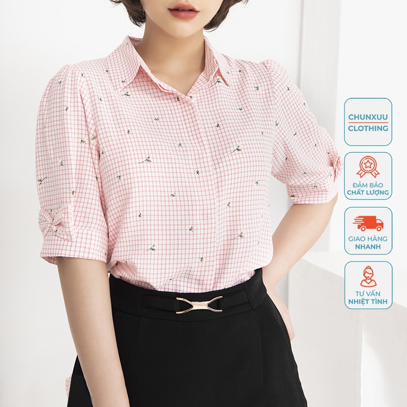 Áo sơ mi nữ công sở tay lỡ phối nơ Chunxuu, thời trang chất Kate cao cấp - BS07 caro hồng