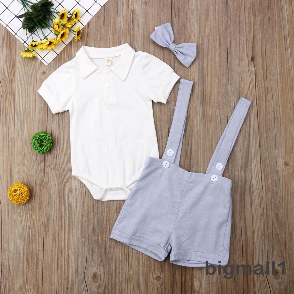 Set 2 món áo liền quần cổ đứng tay ngắn đính nơ màu trơn phối quần yếm thời trang thanh lịch cho bé trai