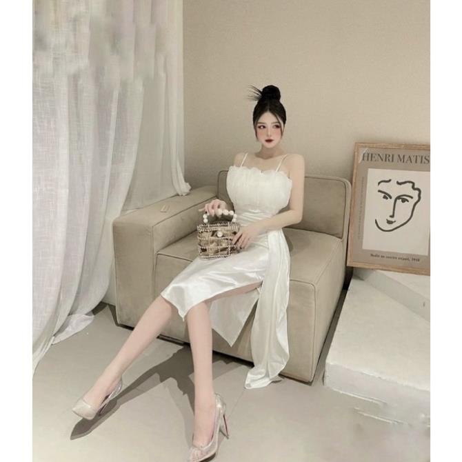 Đầm body trắng phi lụa 2 dây phối voan tầng ngực