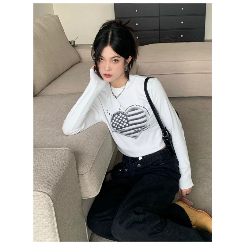 Áo thun lửng tay dài cổ tròn in họa tiết thời trang Hàn Quốc