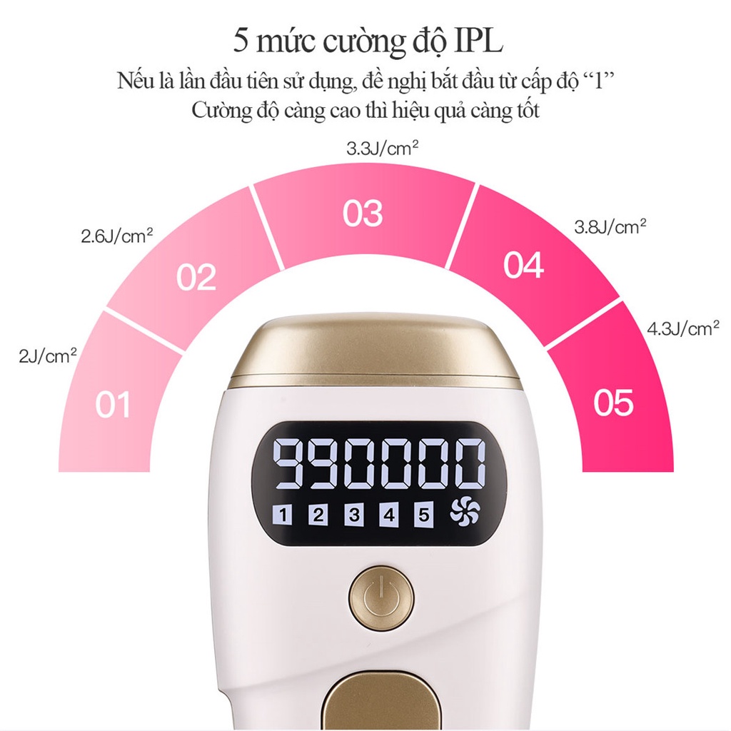 Máy triệt lông vĩnh viễn IPL không đau 990000 xung điện với 5 mức năng lượng hiệu quả tốt tẩy lông bikini, chân, nách