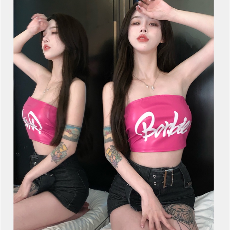 Áo Ống Chất Liệu Da pu In Chữ Cá Tính Thời Trang Cho Nữ