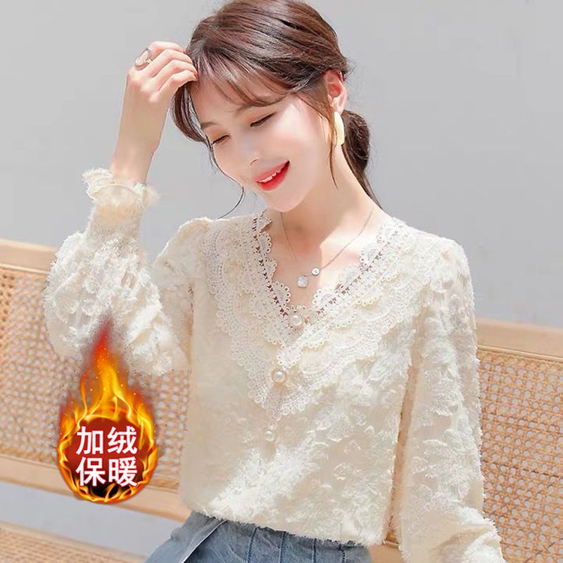 Áo sơ mi tay dài phối ren hoa phong cách thu đông thời trang cho nữ