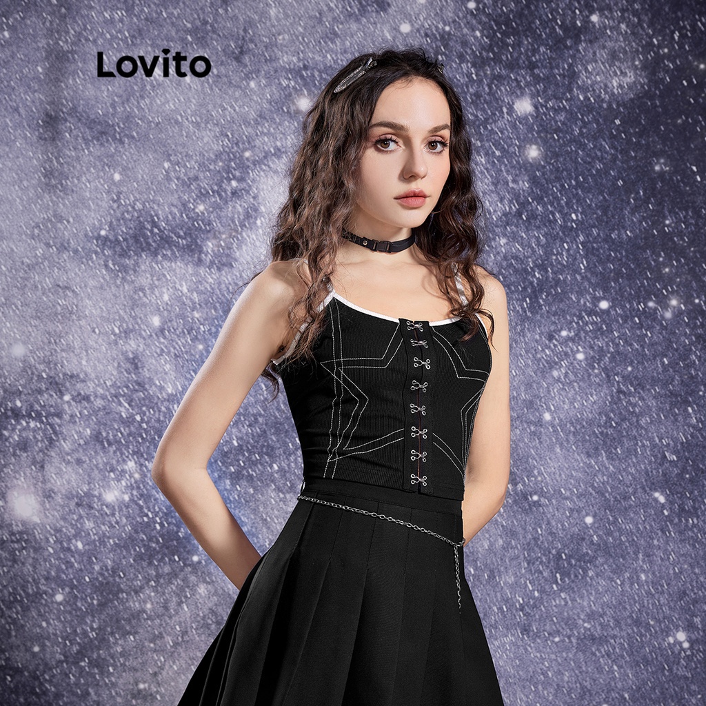 Lovito STAR GIRL Dây đeo Spaghetti đệm ngôi sao dễ thương Thêu phụ nữ Cami Top L32AE033 (Đen)