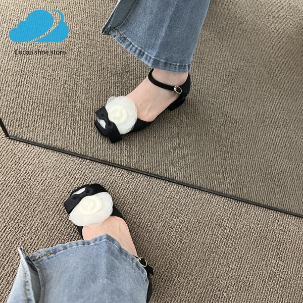 Giày cao gót Mary Jane đính nơ hoa trà kiểu Pháp sang trọng