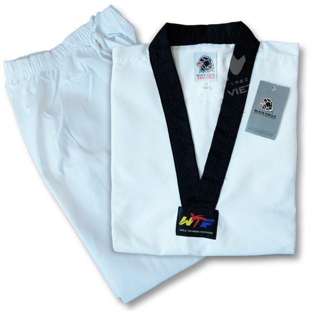 VÕ PHỤC TAEKWONDO CỔ ĐEN VẢI SỌC CAO CẤP BLACK EAGLE