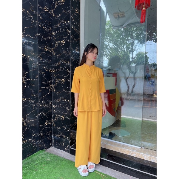 set đồ lam lụa cao cấp , thời trang nữ đi chùa, áo lam phật giáo