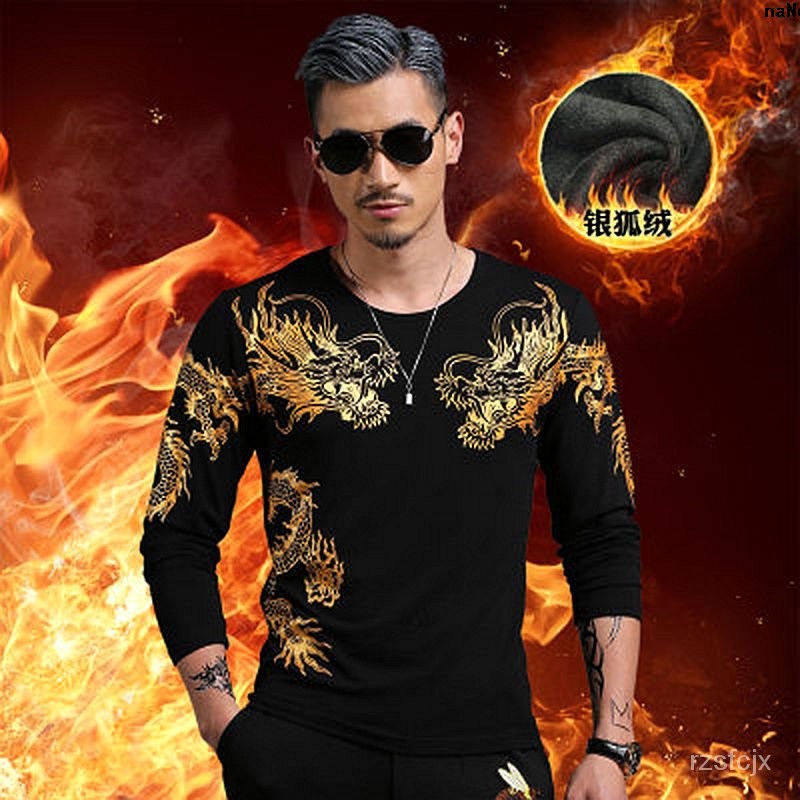 Áo Thun Tay Dài Dáng Ôm Vải Lông Cừu Ấm Áp In Hình Rồng Vàng Cá Tính Cho Nam