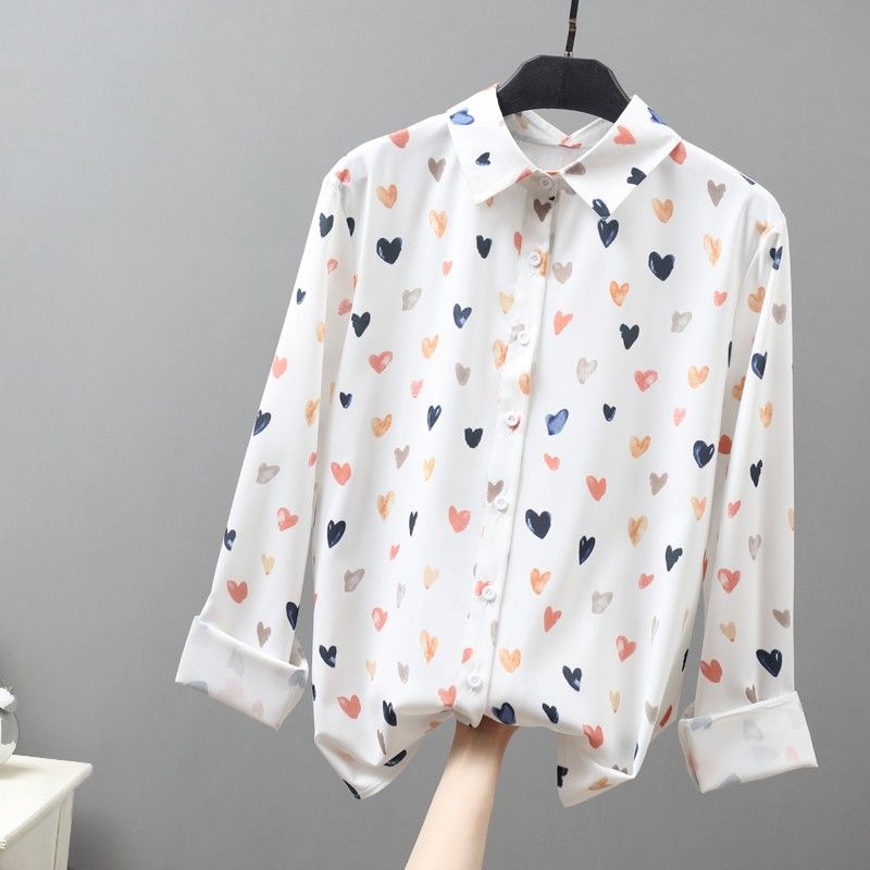 Áo Sơ Mi Chiffon Dài Tay In Họa Tiết Trái Tim Thời Trang Cho Nữ