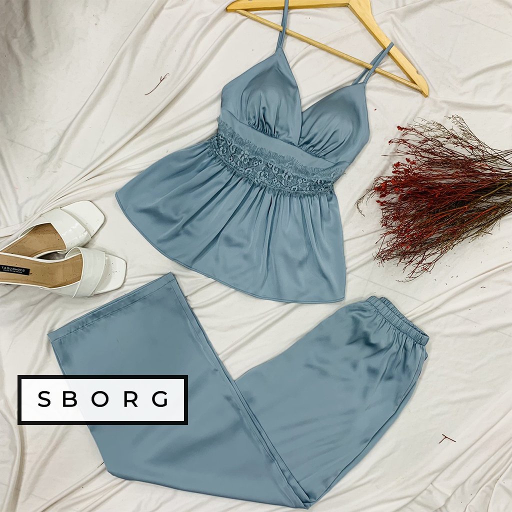 Đồ bộ mặc nhà SBORG Bộ ngủ lụa satin latin cao cấp áo 2 dây viền bèo quần dài mềm mịn freesize dưới 55kg quà tặng vợ