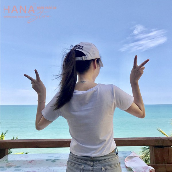 Áo croptop đen cổ tròn nữ tay ngắn form rộng ôm vai cá tính - Áo croptop tay ngắn vải cotton mềm mặc đi học biển tập gym