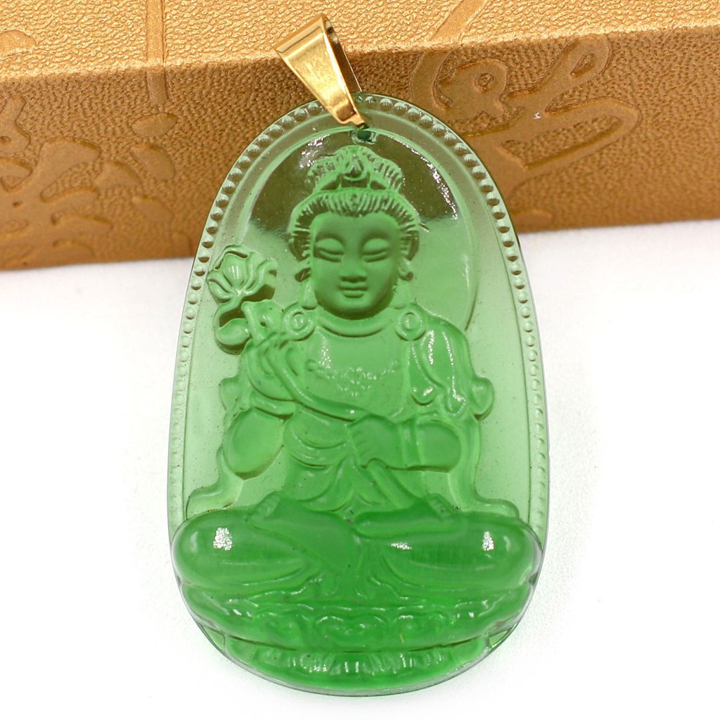Mặt Phật Đại Thế Chí Bồ Tát Pha Lê Xanh Lá 5cm - Phật bản mệnh tuổi Ngọ - Mặt size lớn - Tặng kèm móc inox
