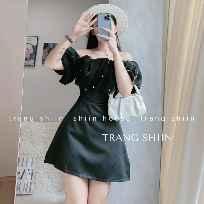 Váy Tacta Trễ Vai Sang Chảnh (hình thật) Đầm Trễ Vai Đi Tiệc Chất Tacta Đính Cườm loại 1