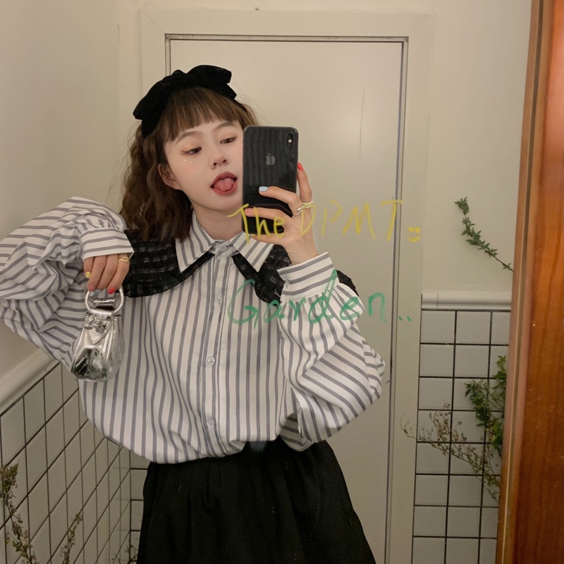 SUXI Áo Sơ Mi Tay Dài Kẻ Sọc Cổ Búp Bê Kèm Khăn Choàng Cổ Thời Trang Mùa Thu Cho Nữ