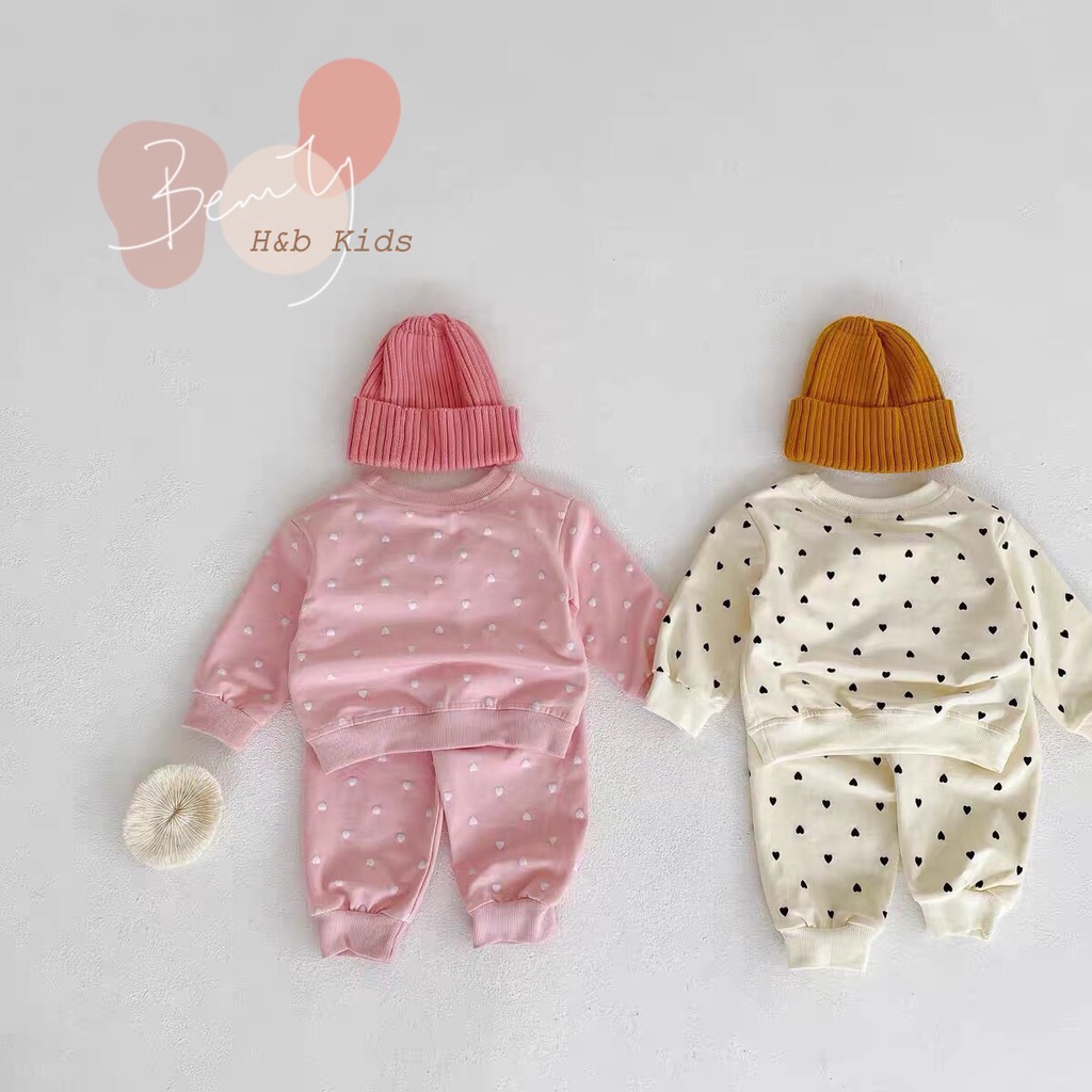 Bộ Nỉ Dài Tay Cho Bé Trai, Bé Gái 10-20kg Chất Da Cá Mềm Hoạ Tiết Tim - AN.KID