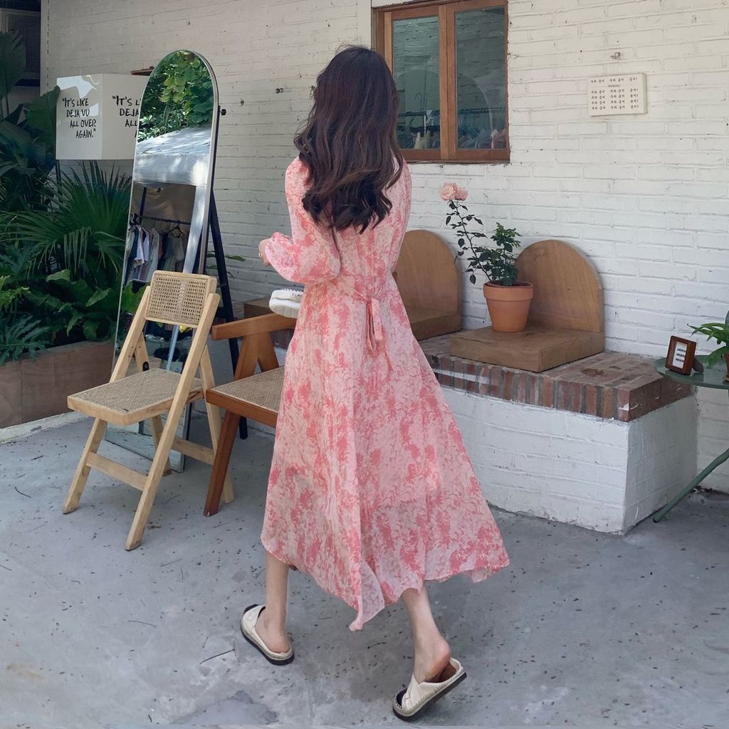 Đầm chiffon Ôm Eo In Họa Tiết Hoa Anh Đào Thanh Lịch