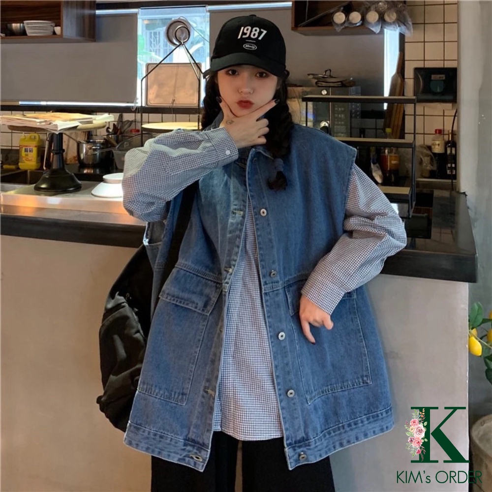 Áo khoác bò gile nam nữ dáng rộng unisex phong cách Ulzzang Hàn Quốc dáng rộng hai màu xanh đen chất jean đẹp - Hàng nhậ