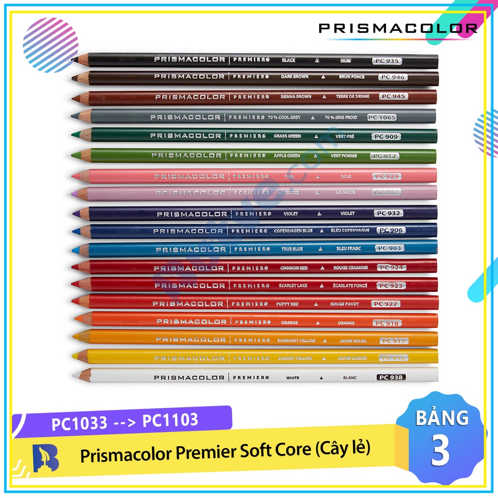 [PC1033 - PC1103] Bút chì màu hạng họa sĩ Prismacolor Premier Soft Core - Màu lẻ (BẢNG MÀU 3)
