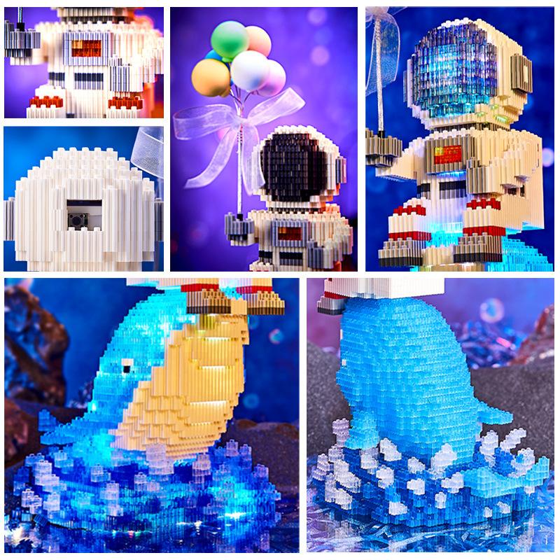 Bộ đồ chơi lắp ghép Phi hành gia Cầm bóng bay cưỡi Cá Voi, Balloon Astronaut Whales, tặng kèm đèn led phát sáng