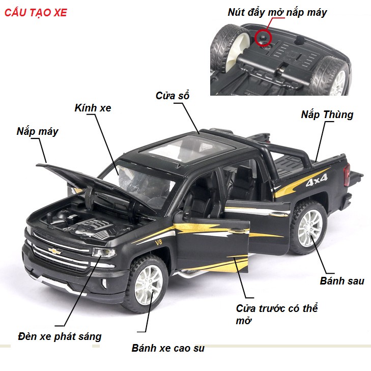 Đồ chơi xe mô hình ô tô Chevrolet Silverado 1:32 bằng kim loại xe chạy cót có âm thanh và đèn mở được các cửa