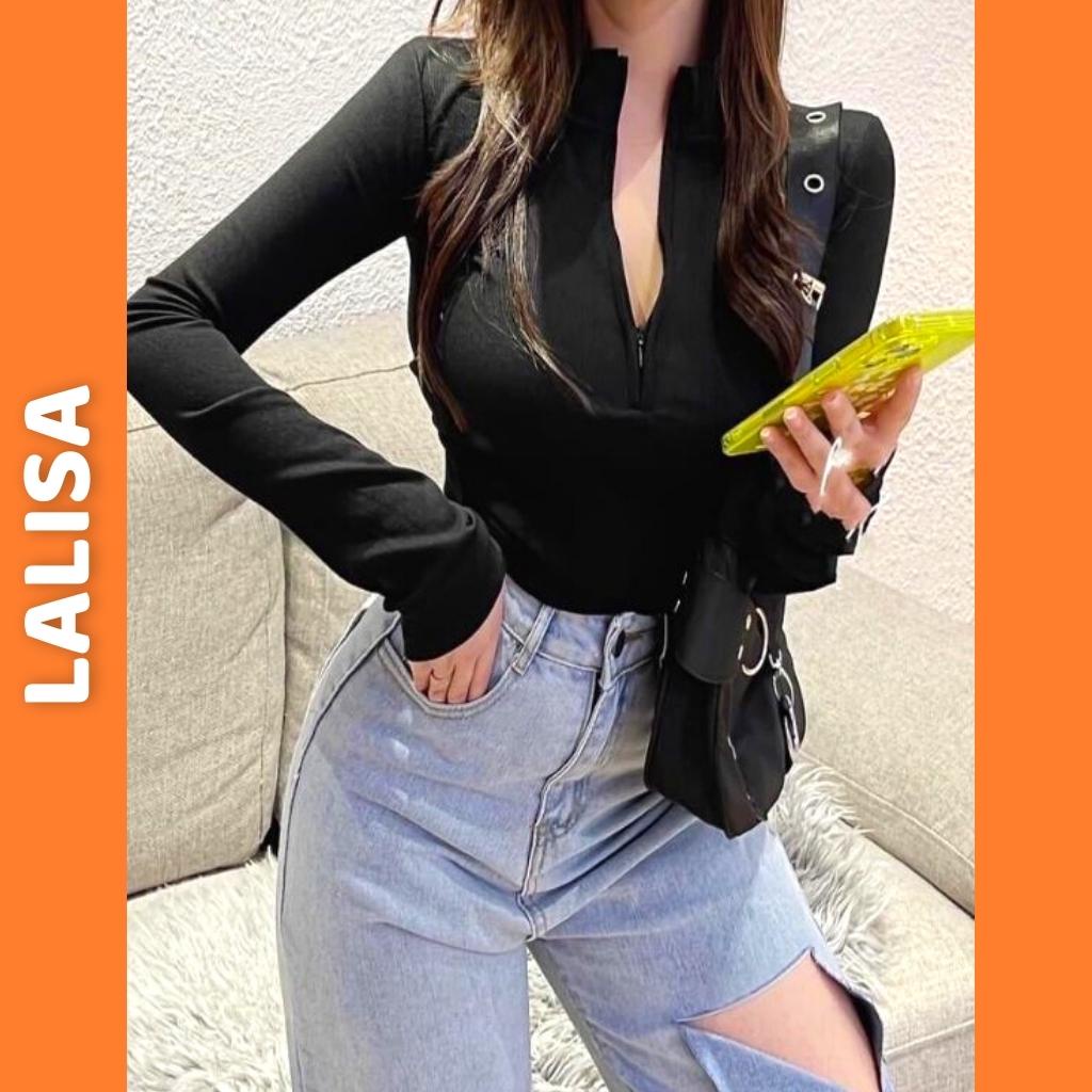 Áo Croptop Tay Dài Có Cổ LALISA Áo Croptop Ôm Body Nữ Kiểu Dài Tay Thiết Kế Khoét Ngực Cổ V Có Dây Kéo Sexy AO051