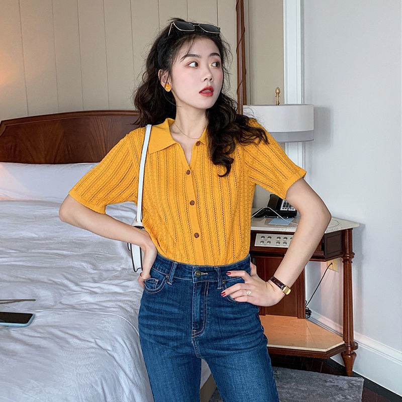 Áo Sweater Lụa Lạnh Cổ Polo Dáng Rộng Ngắn Tay Thời Trang Mùa Hè Dành Cho Nữ 2021
