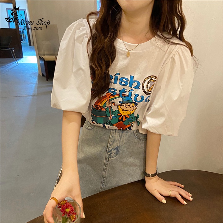 Áo thun trắng ONLY  nữ tay ngắn vai bồng sang chảnh tiểu thư, mùa hè thời trang đường phố hàn quốc Minxu shop OC07