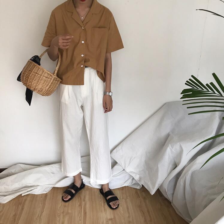 Áo Sơ Mi Tay Ngắn Cổ Bẻ Dáng Rộng Phong Cách Hàn Quốc Thời Trang Cho Nữ