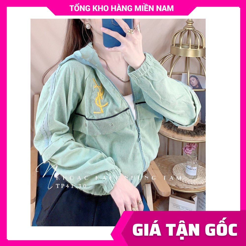 Áo khoác chống nắng nữ chất kaki nhung tăm thêu chữ dễ thương TP41