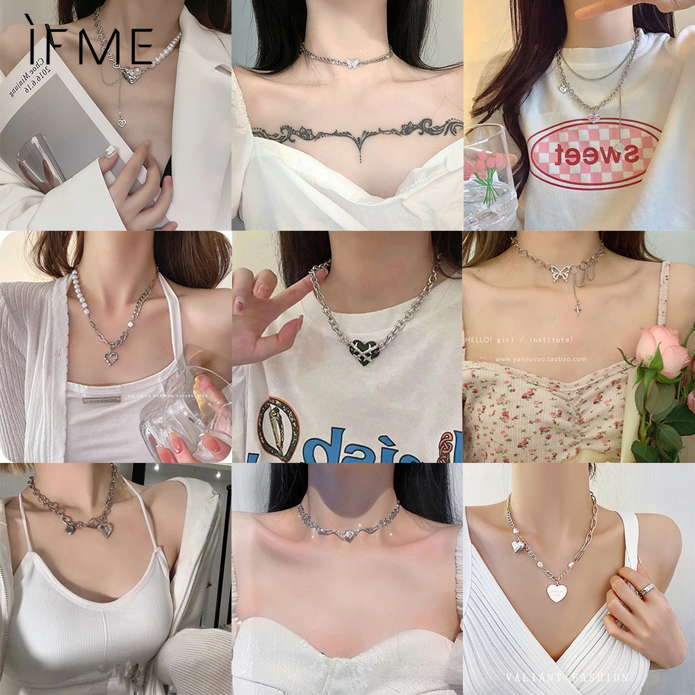 IF ME Vòng cổ   Y2K mặt trái tim/bướm đính ngọc trai giả thời trang cho nữ