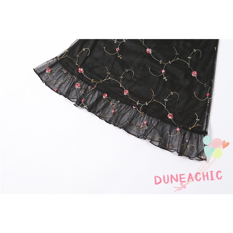 DUNEA Đầm hai dây họa tiết hoa phối lưới thời trang dành cho nữ