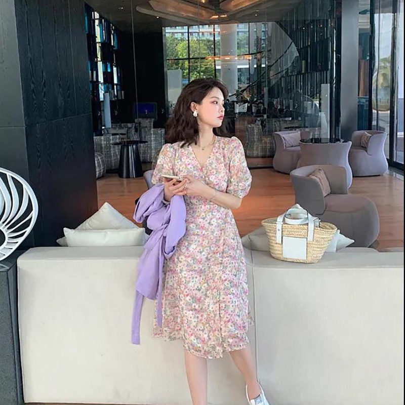 IELGY Đầm chiffon Dài Cổ Chữ V In Họa Tiết Tranh Sơn Dầu Phong Cách Hàn Quốc Thời Trang Mùa Hè Mới Cho Học Sinh