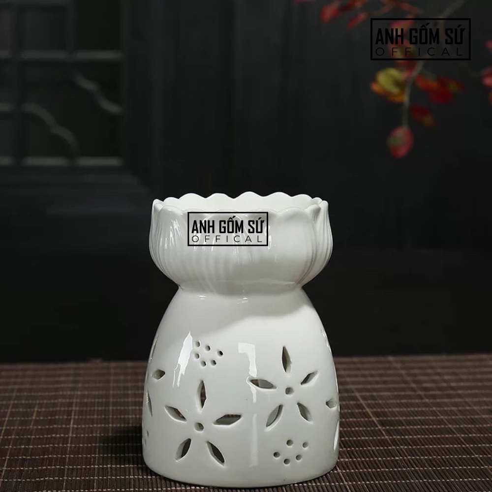 Đèn xông tinh dầu trắng dáng đài sen khắc laze cao cấp, bếp đốt tinh dầu thơm chính hãng