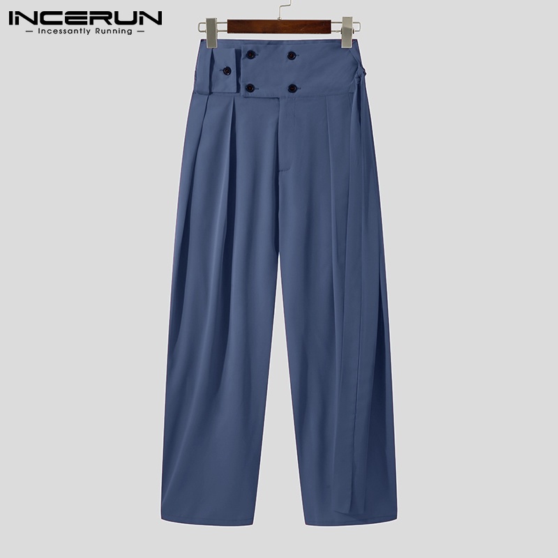 Quần dài INCERUN màu trơn lưng cao phối nút có thắt lưng dành cho nam